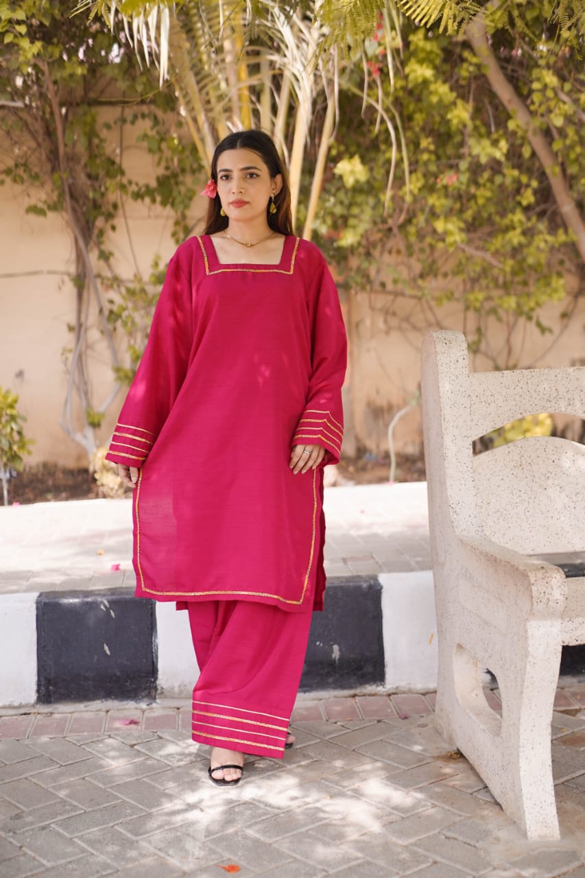 Ayaameer Stitched 2-Piece Suit Dark Pink