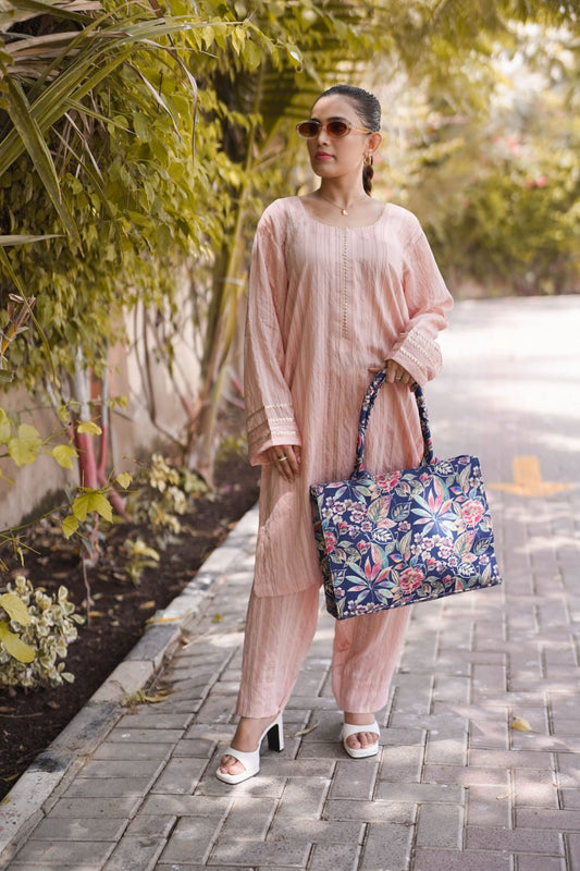 Blue Blossom Leaves Textured Handbag