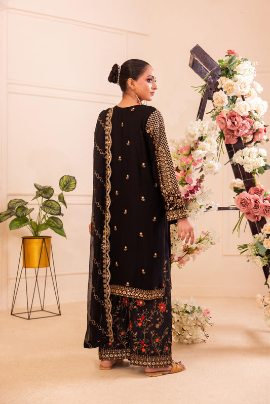 CHIFFON 3 PIECE COTTON SILK INNER ROWSILK PLAZO - AR1001