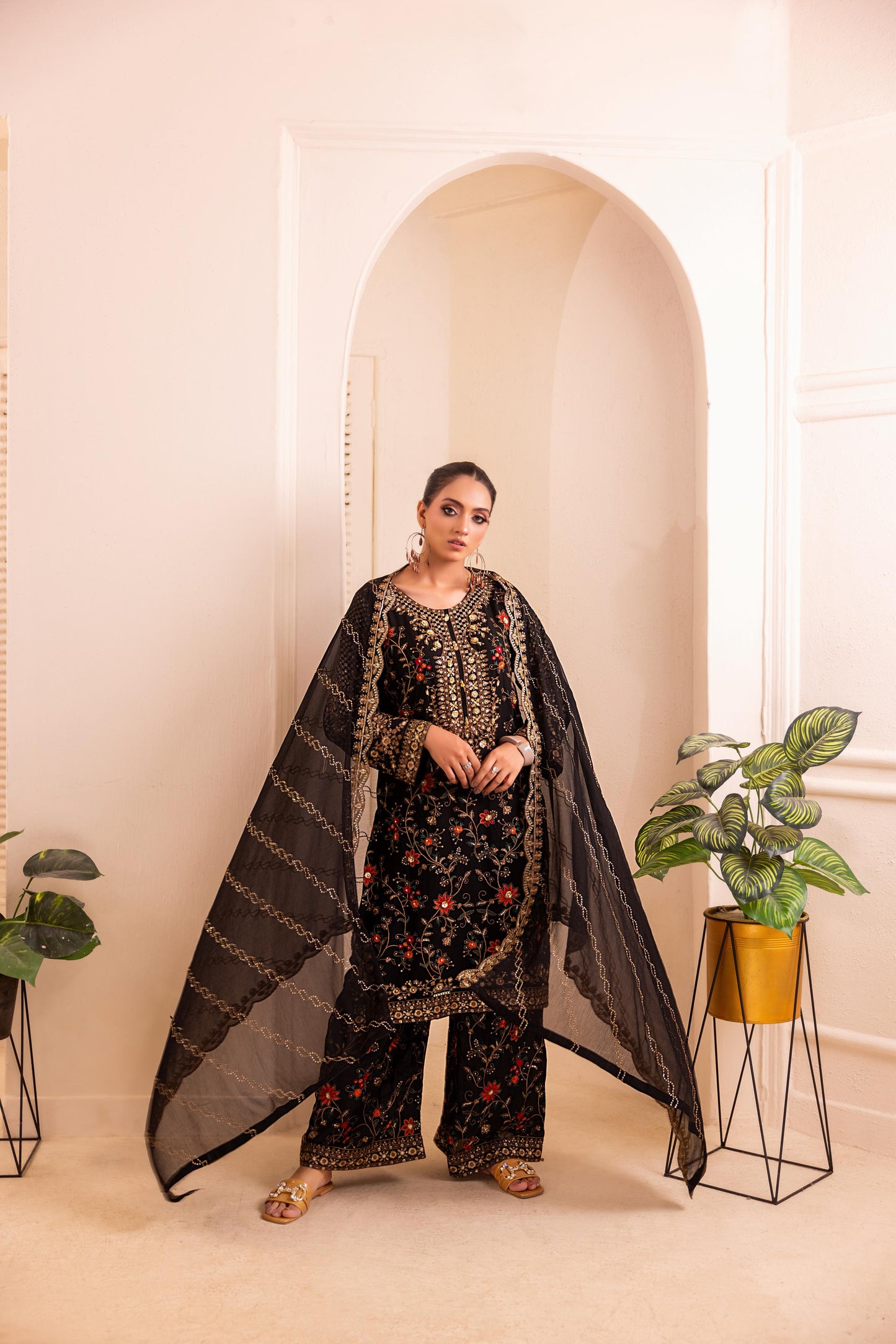 CHIFFON 3 PIECE COTTON SILK INNER ROWSILK PLAZO - AR1001