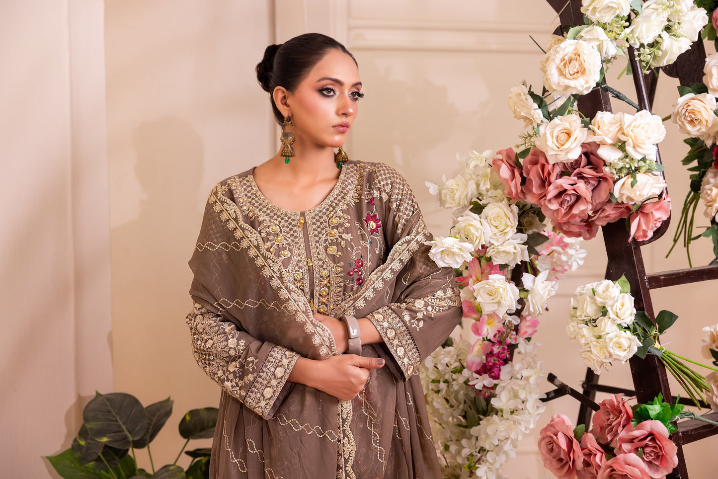 CHIFFON 3 PIECE COTTON SILK INNER ROWSILK PLAZO - AR1004