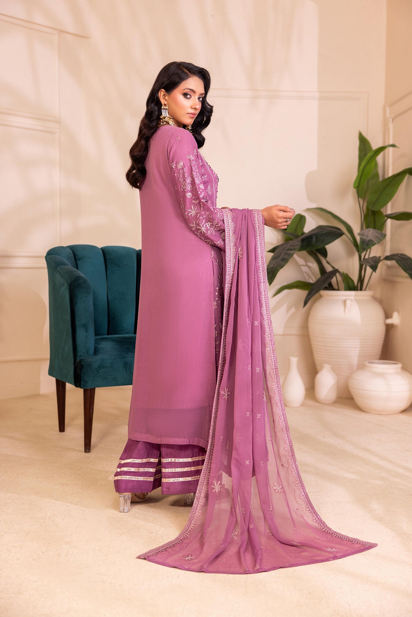 CHIFFON 3 PIECE COTTON SILK INNER ROWSILK PLAZO - AR1003