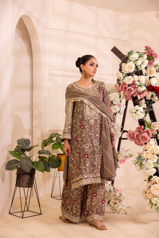 CHIFFON 3 PIECE COTTON SILK INNER ROWSILK PLAZO - AR1004