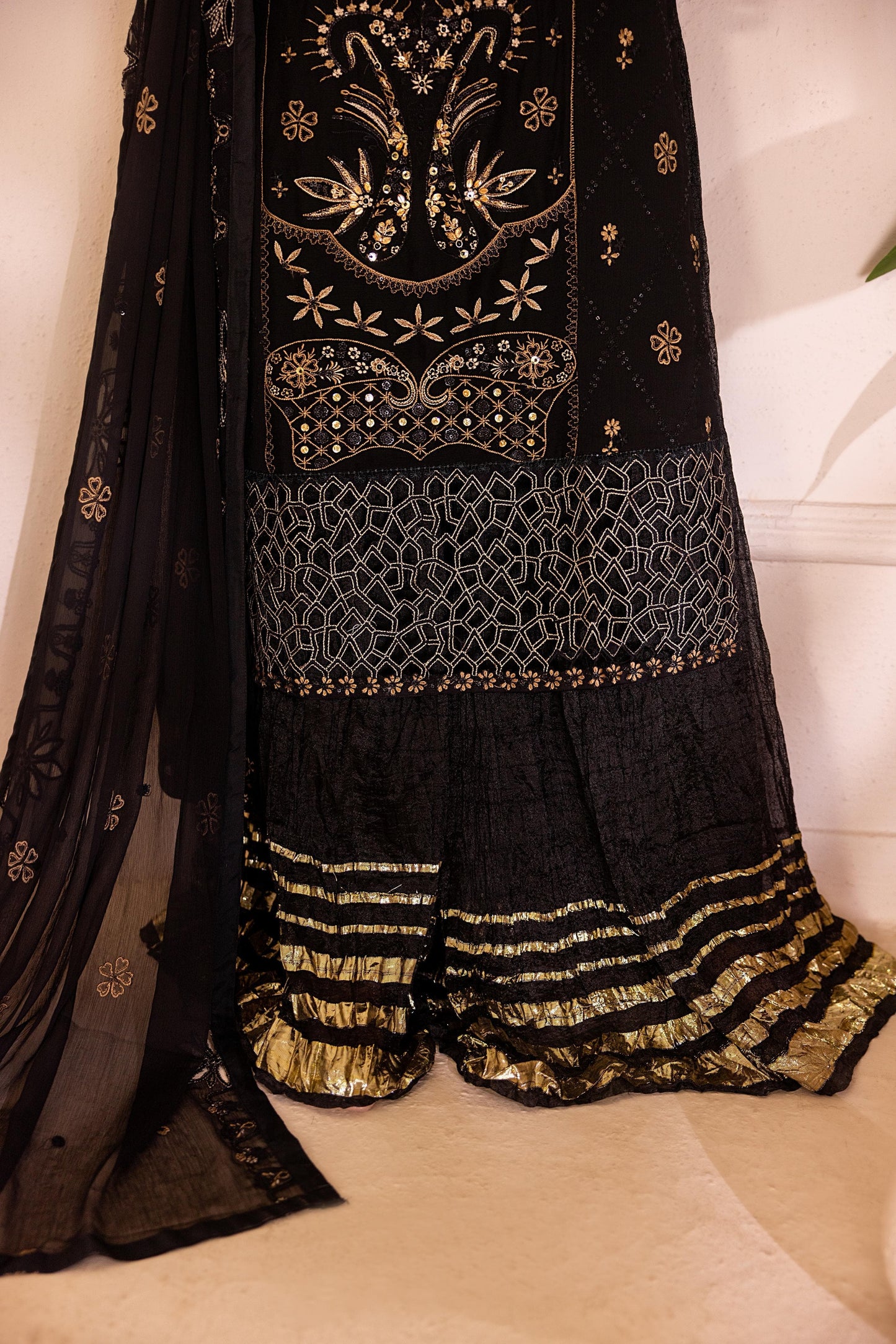 CHIFFON 3 PIECE COTTON SILK INNER ROWSILK PLAZO - AR1006
