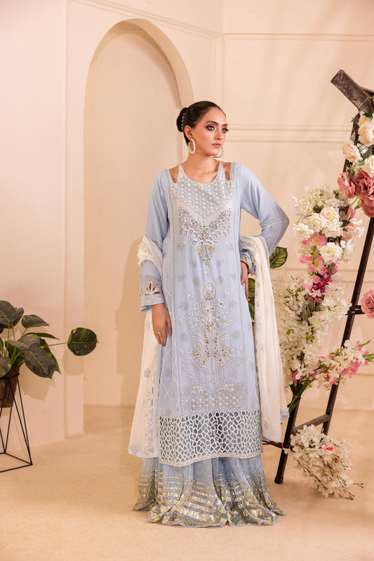 CHIFFON 3 PIECE COTTON SILK INNER ROWSILK PLAZO - AR1005