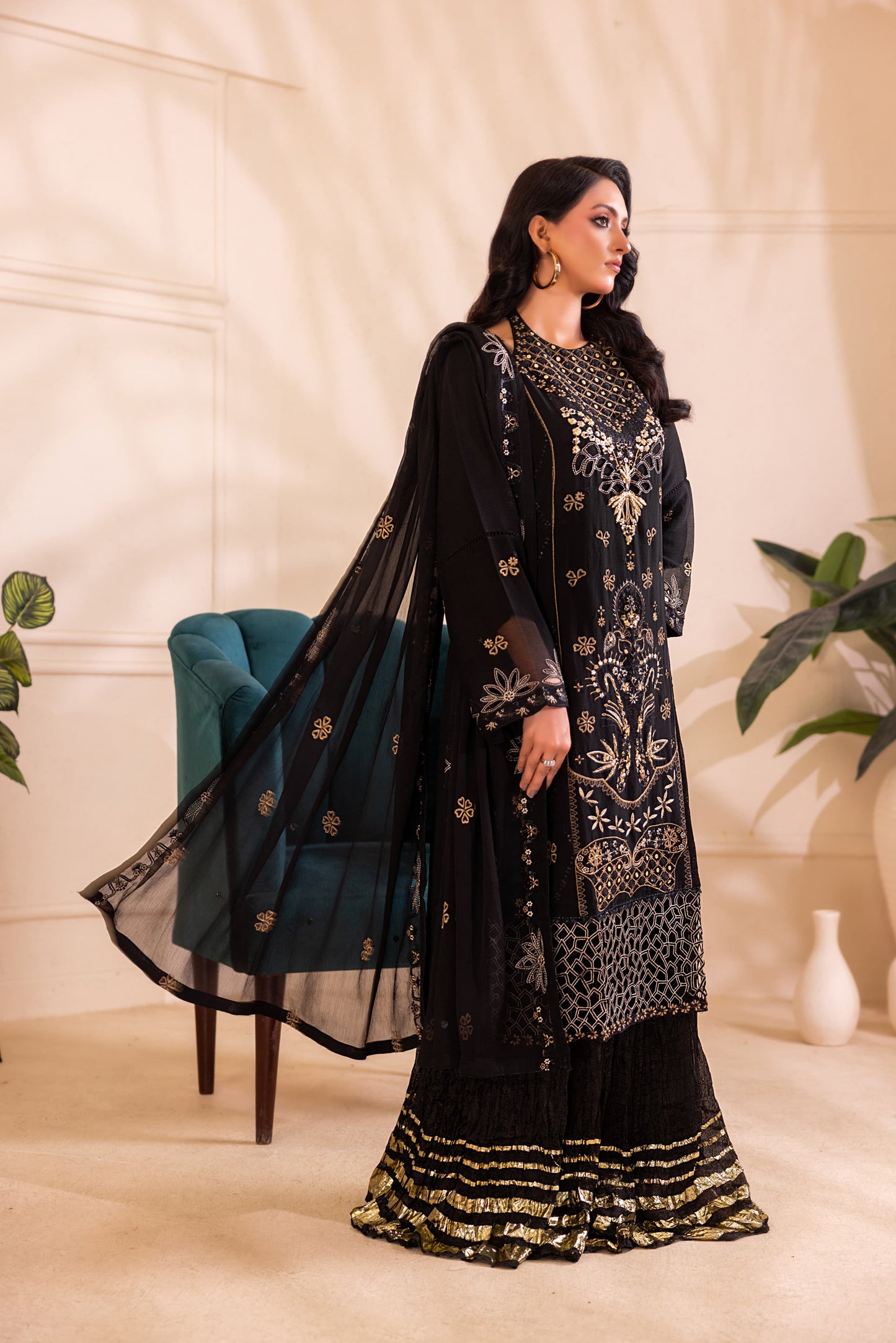 CHIFFON 3 PIECE COTTON SILK INNER ROWSILK PLAZO - AR1006