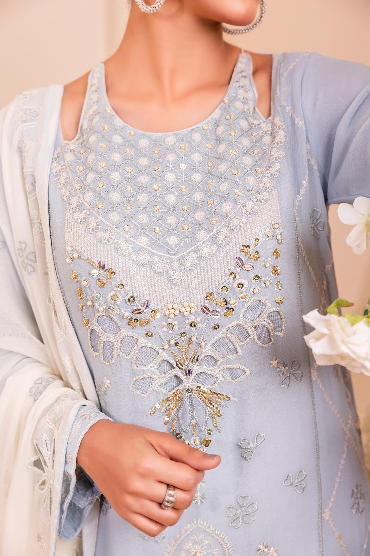 CHIFFON 3 PIECE COTTON SILK INNER ROWSILK PLAZO - AR1005