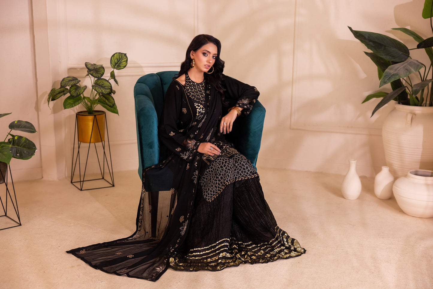 CHIFFON 3 PIECE COTTON SILK INNER ROWSILK PLAZO - AR1006