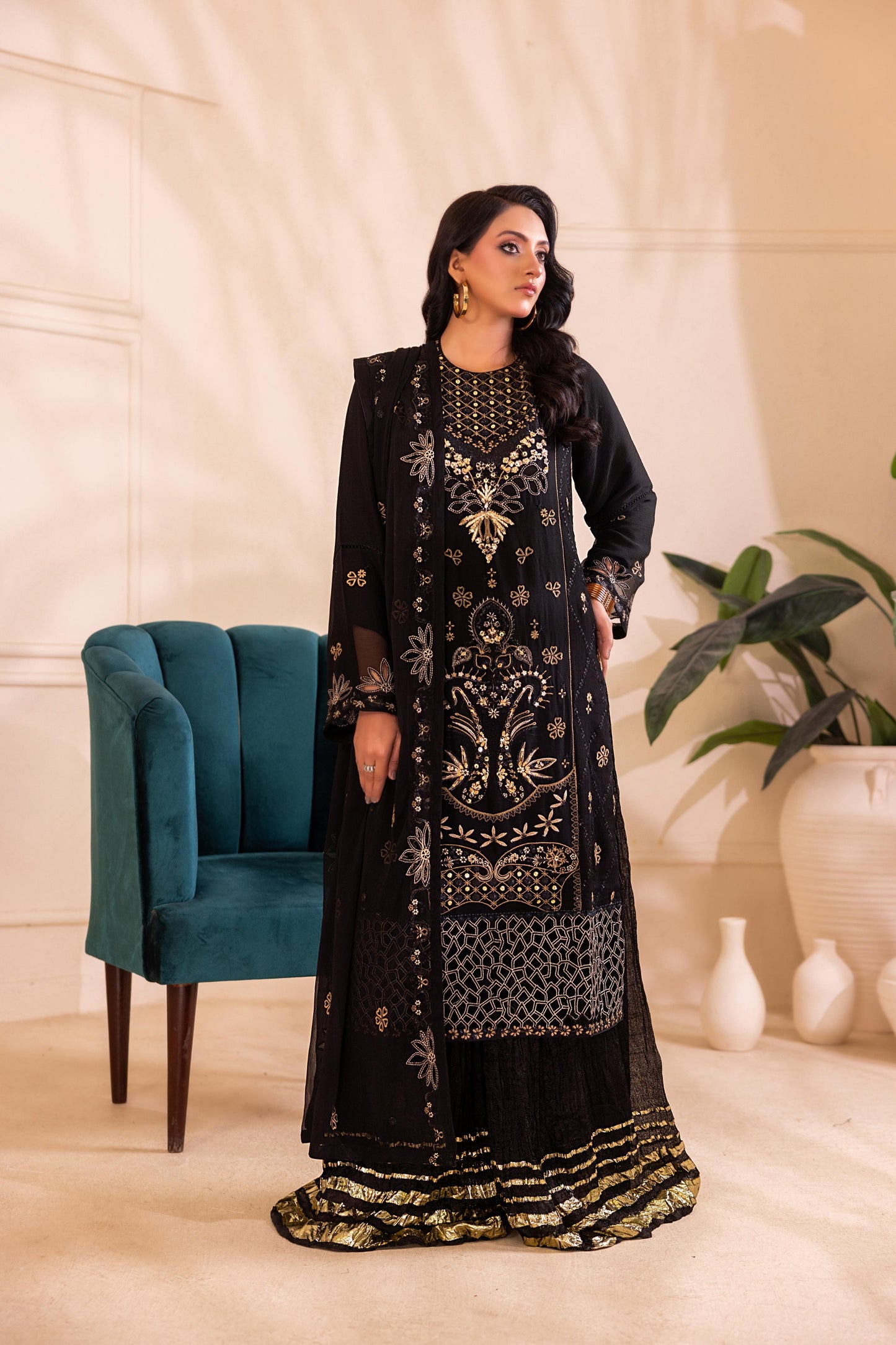 CHIFFON 3 PIECE COTTON SILK INNER ROWSILK PLAZO - AR1006