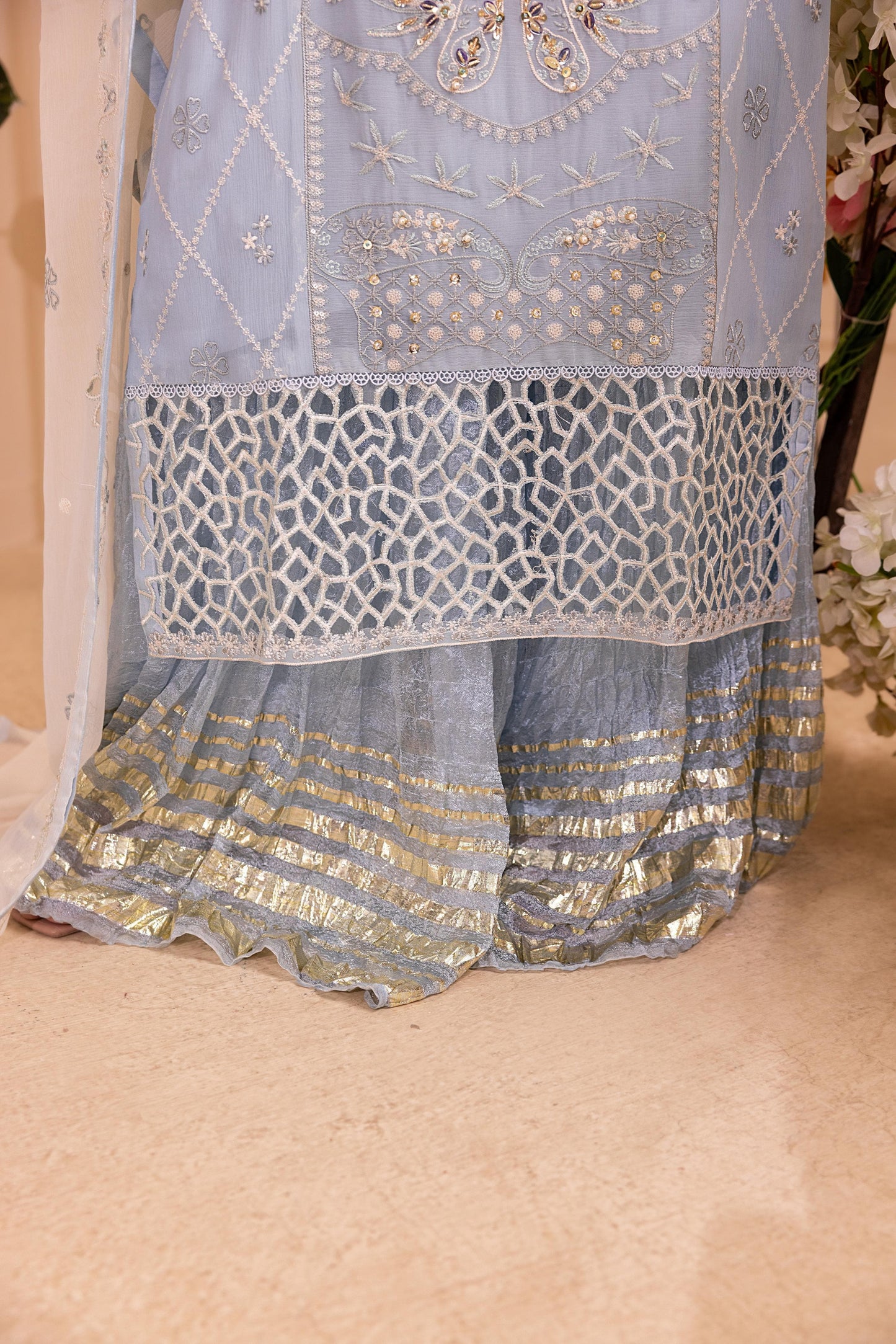 CHIFFON 3 PIECE COTTON SILK INNER ROWSILK PLAZO - AR1005