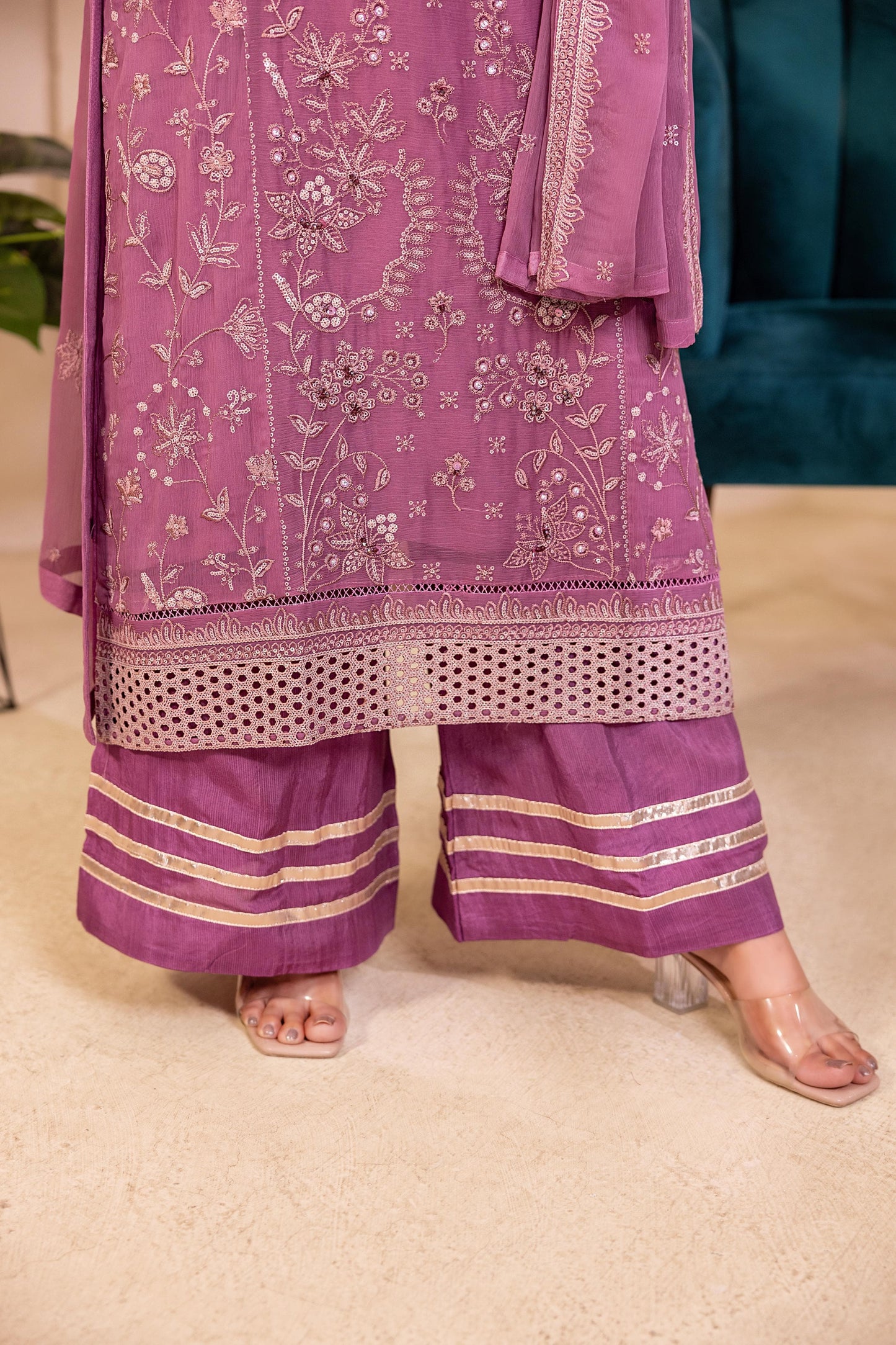 CHIFFON 3 PIECE COTTON SILK INNER ROWSILK PLAZO - AR1003