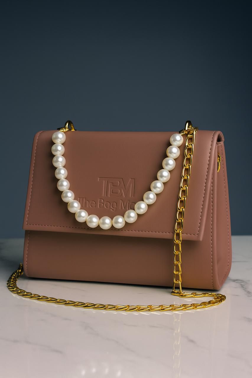 The Bag Mode (TBM) Elegant Black Leather Handbag with Pearl and Gold Chain Accents