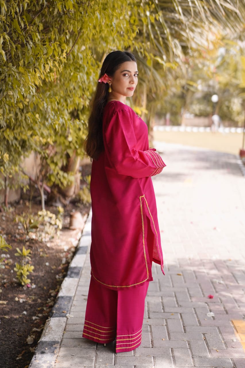 Ayaameer Stitched 2-Piece Suit Dark Pink