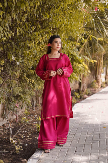 Ayaameer Stitched 2-Piece Suit Dark Pink