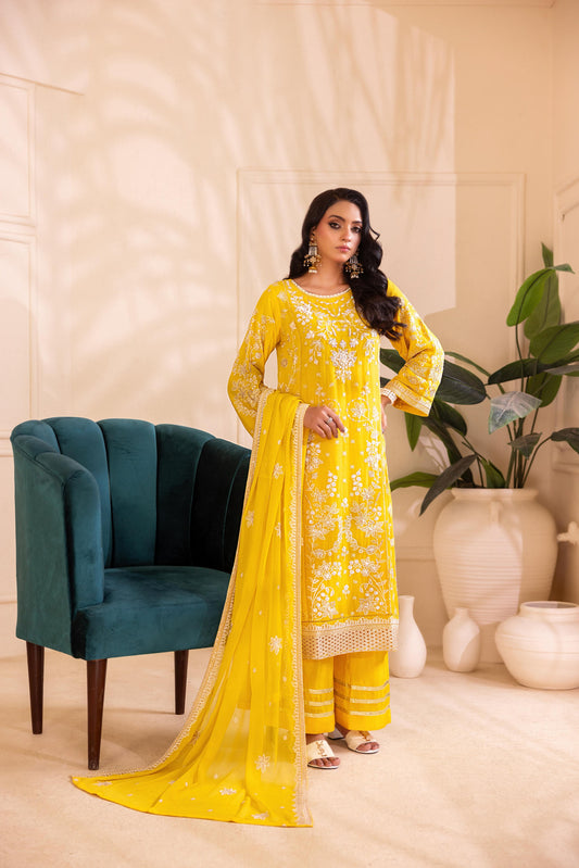CHIFFON 3 PIECE COTTON SILK INNER ROWSILK PLAZO - AR1002