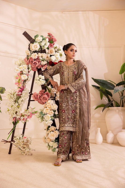 CHIFFON 3 PIECE COTTON SILK INNER ROWSILK PLAZO - AR1004