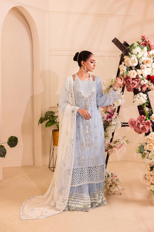 CHIFFON 3 PIECE COTTON SILK INNER ROWSILK PLAZO - AR1005