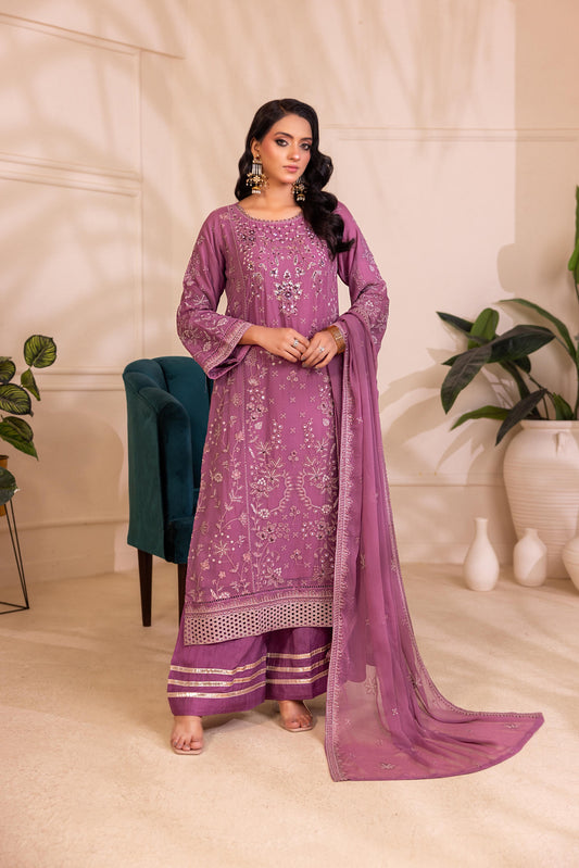 CHIFFON 3 PIECE COTTON SILK INNER ROWSILK PLAZO - AR1003