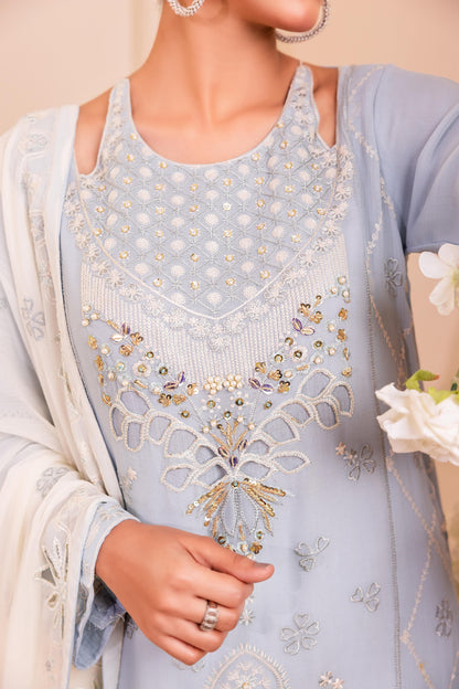 CHIFFON 3 PIECE COTTON SILK INNER ROWSILK PLAZO - AR1005