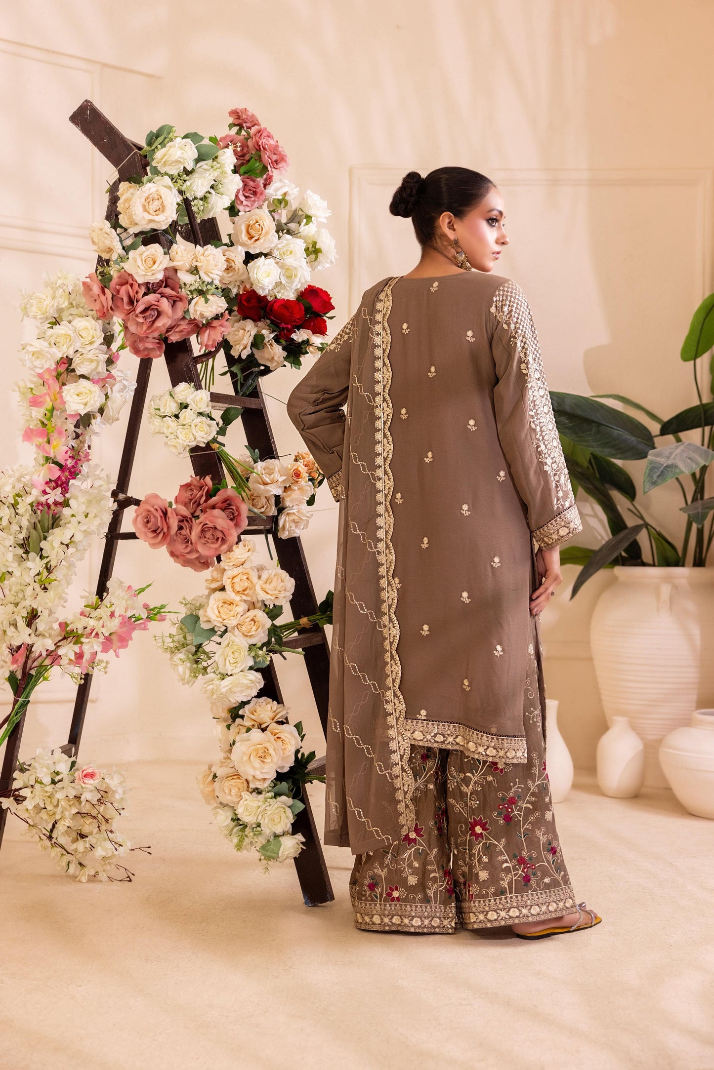 CHIFFON 3 PIECE COTTON SILK INNER ROWSILK PLAZO - AR1004