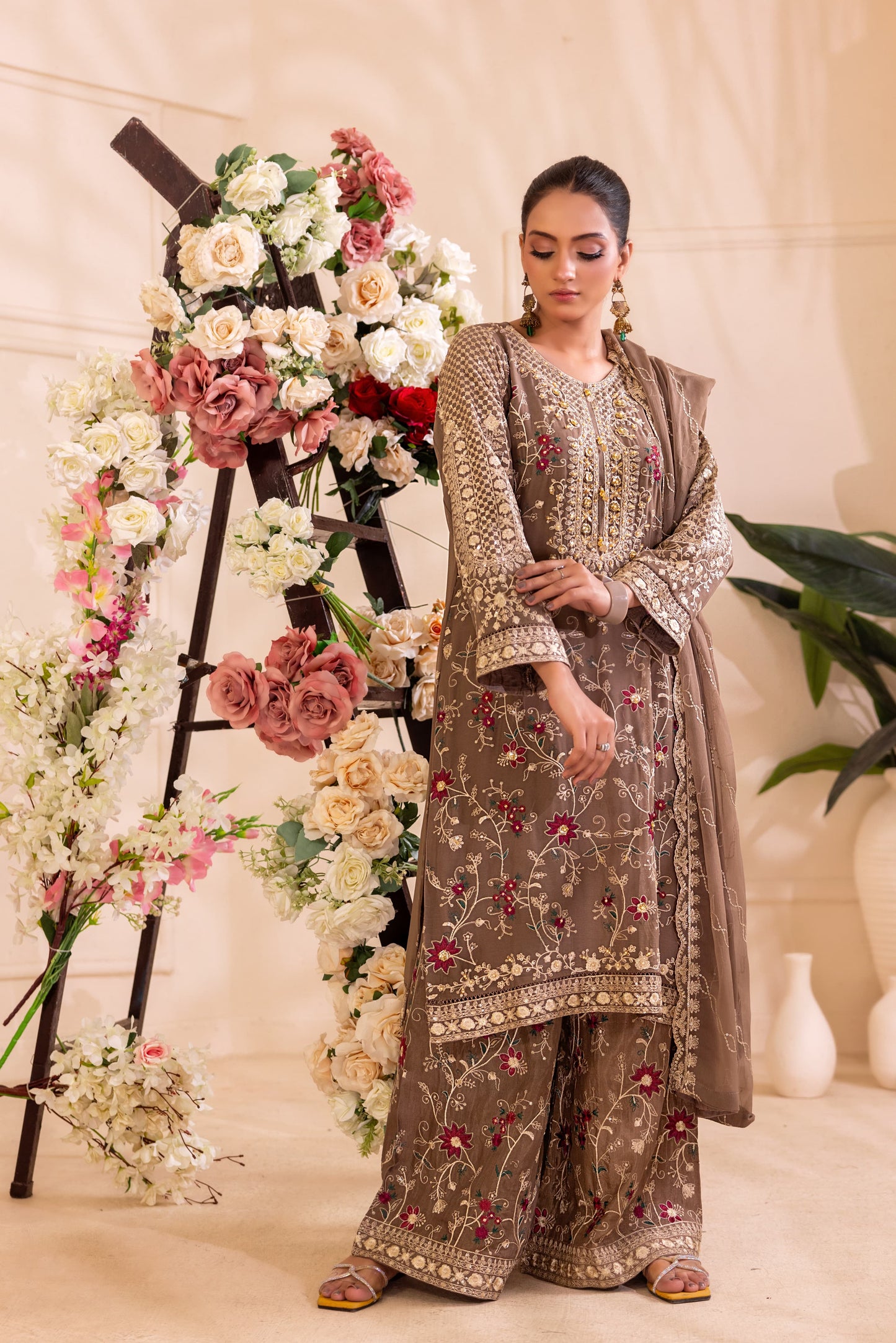 CHIFFON 3 PIECE COTTON SILK INNER ROWSILK PLAZO - AR1004