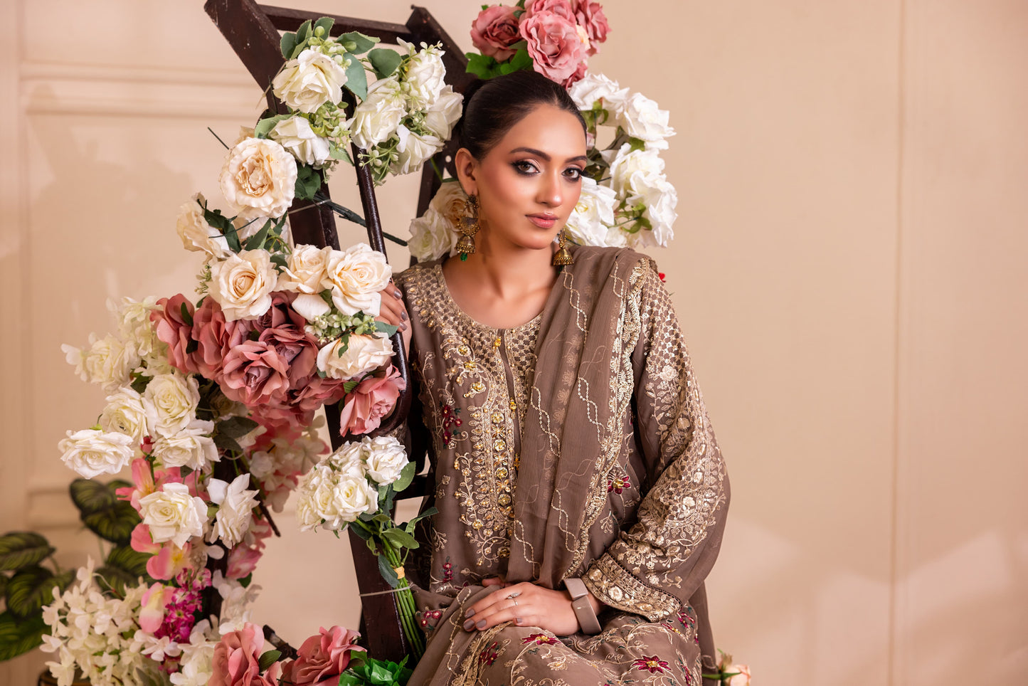 CHIFFON 3 PIECE COTTON SILK INNER ROWSILK PLAZO - AR1004