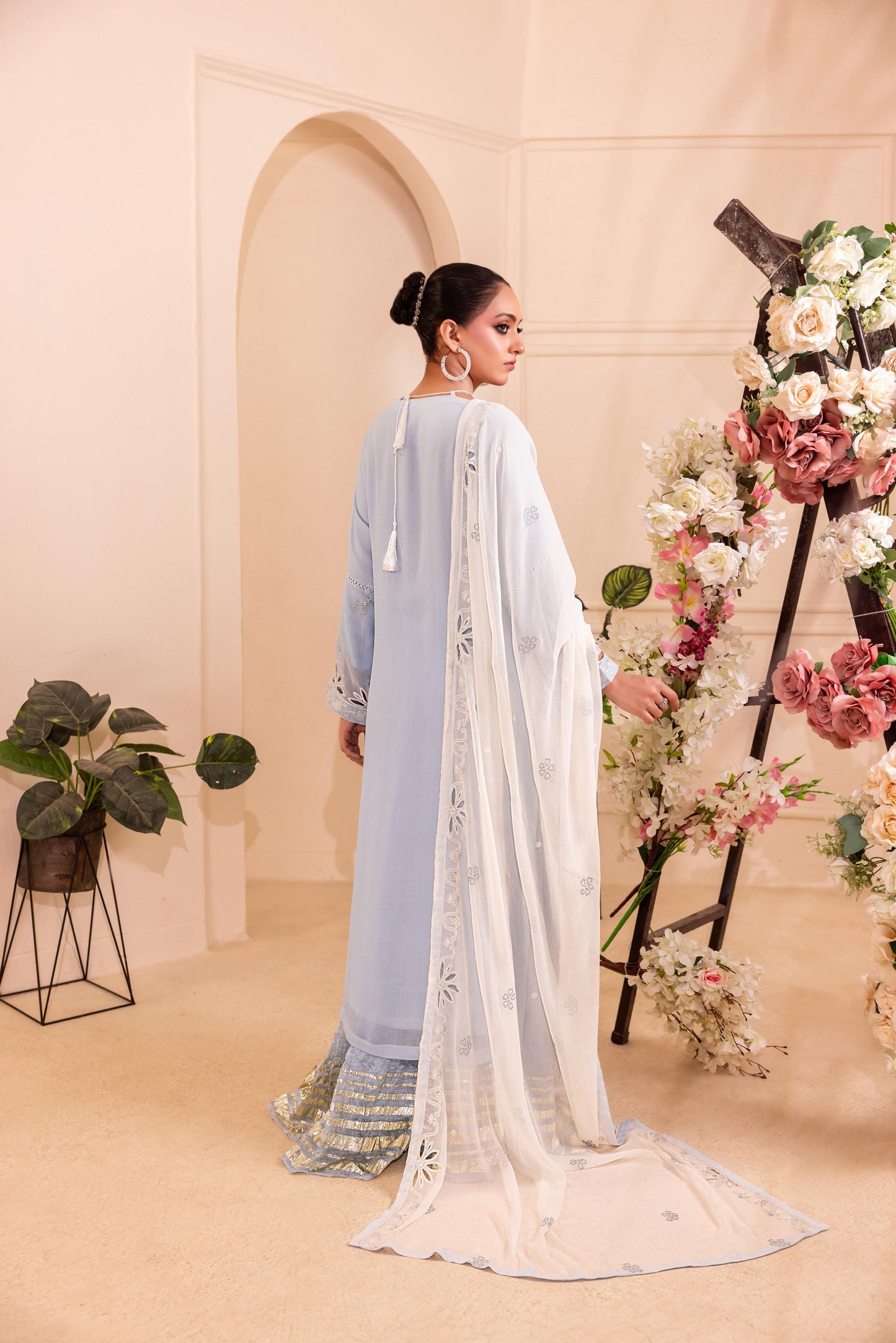 CHIFFON 3 PIECE COTTON SILK INNER ROWSILK PLAZO - AR1005