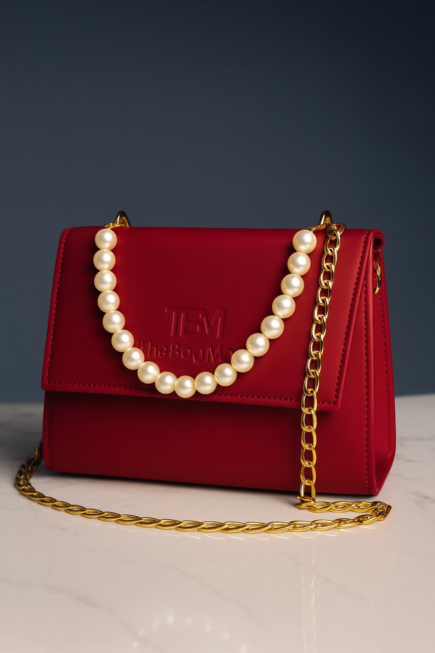 The Bag Mode (TBM) Elegant Black Leather Handbag with Pearl and Gold Chain Accents