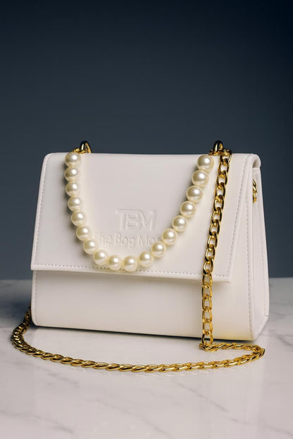 The Bag Mode (TBM) Elegant Black Leather Handbag with Pearl and Gold Chain Accents