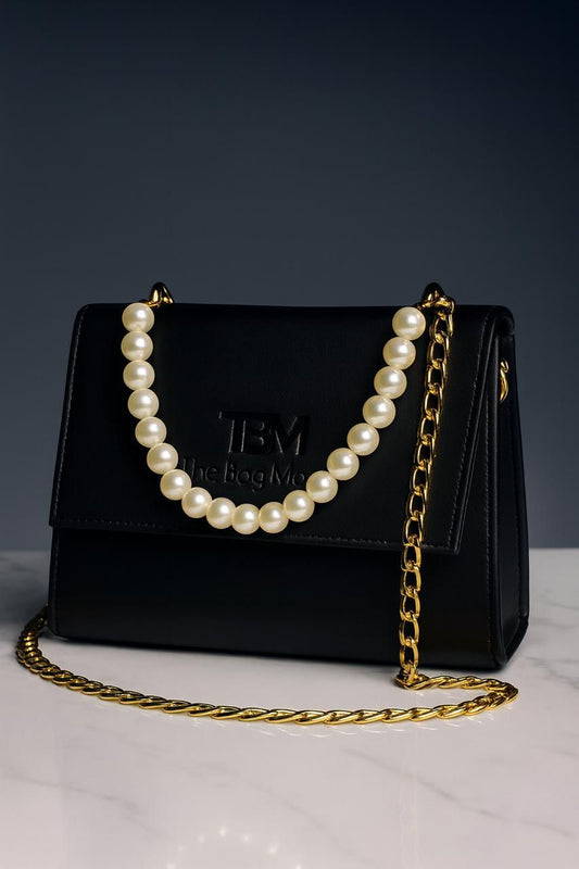 The Bag Mode (TBM) Elegant Black Leather Handbag with Pearl and Gold Chain Accents