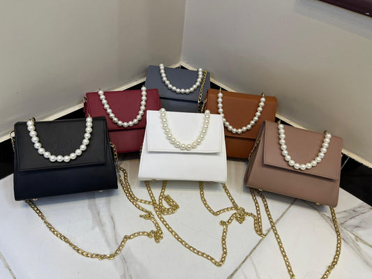 The Bag Mode (TBM) Elegant Black Leather Handbag with Pearl and Gold Chain Accents