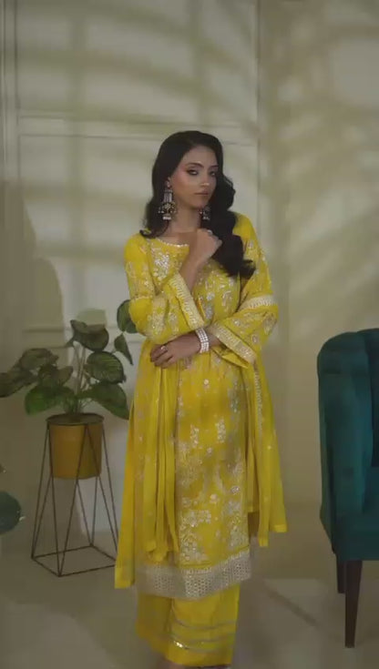 CHIFFON 3 PIECE COTTON SILK INNER ROWSILK PLAZO - AR1002