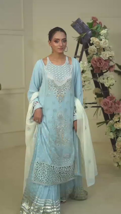 CHIFFON 3 PIECE COTTON SILK INNER ROWSILK PLAZO - AR1005