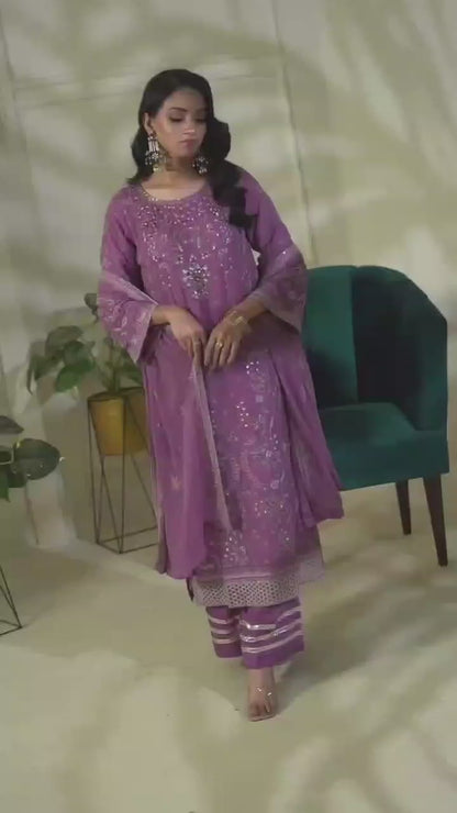 CHIFFON 3 PIECE COTTON SILK INNER ROWSILK PLAZO - AR1003